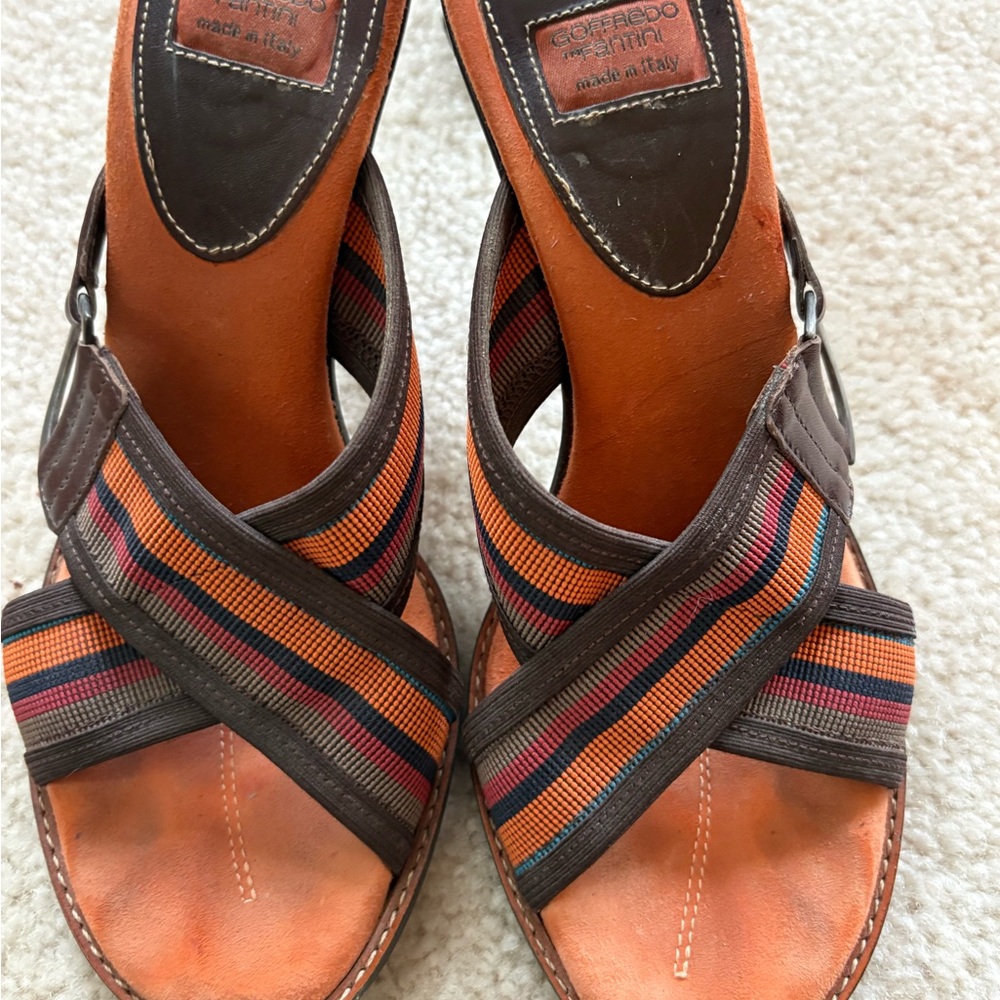 Goffredo Fantini Orange & Brown Striped Crisscross Wedge Sandals